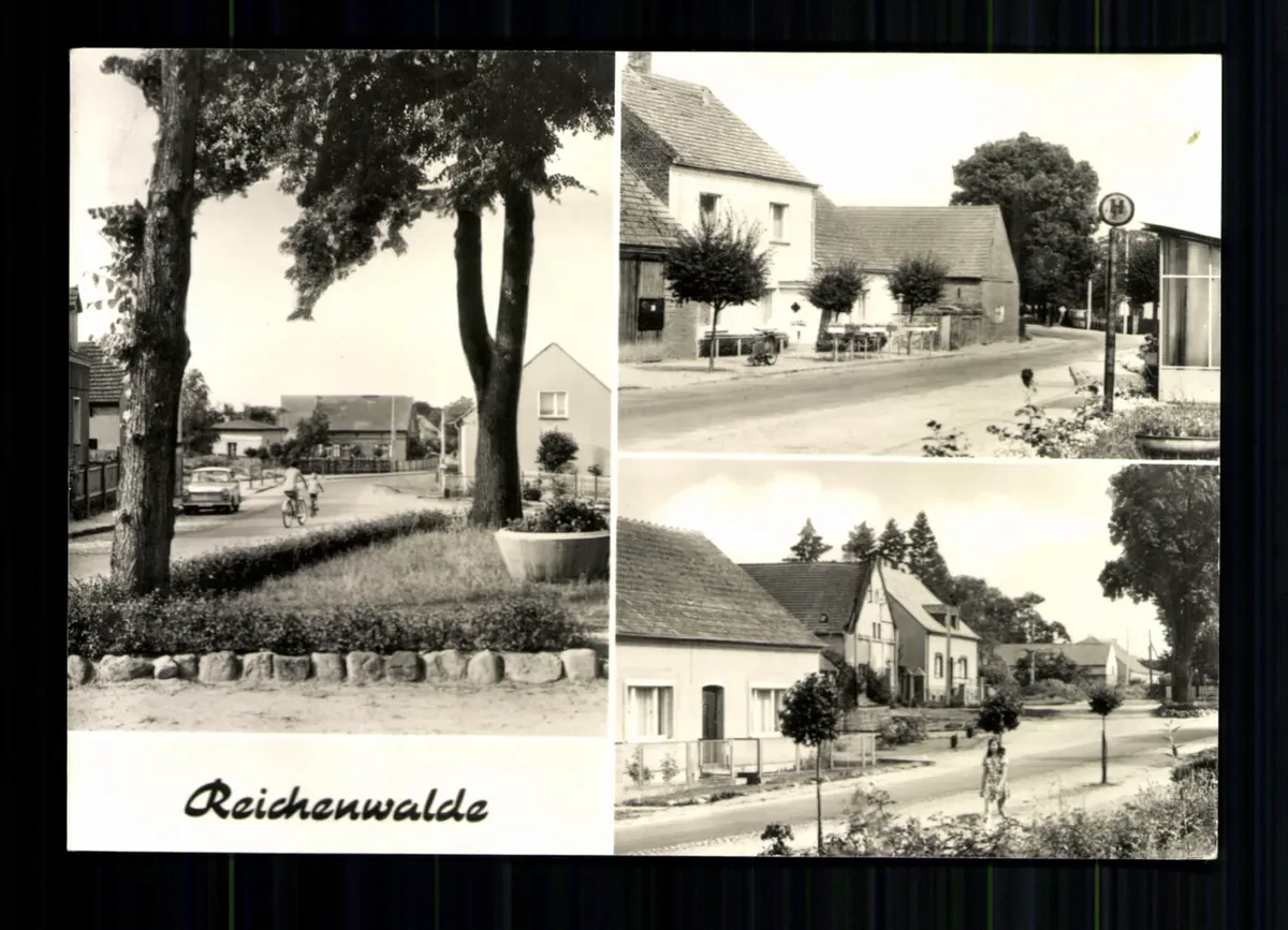 Alte Schwarz-Weiß-Ansichtskarte von Reichenwalde mit drei Dorfansichten